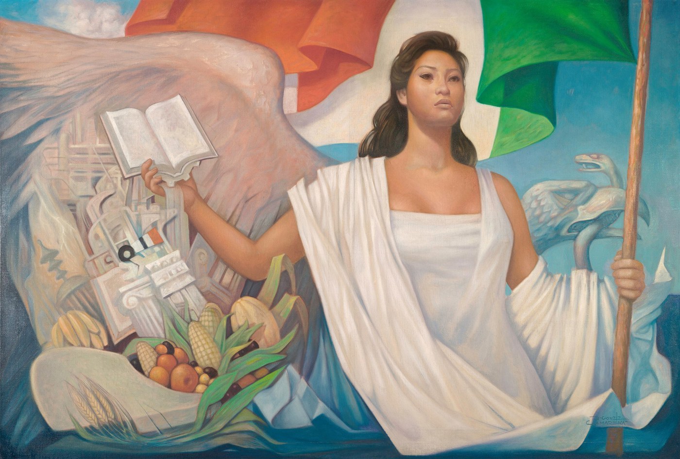 Figura femenina con libro y bandera, rodeada de motivos agrícolas y culturales.