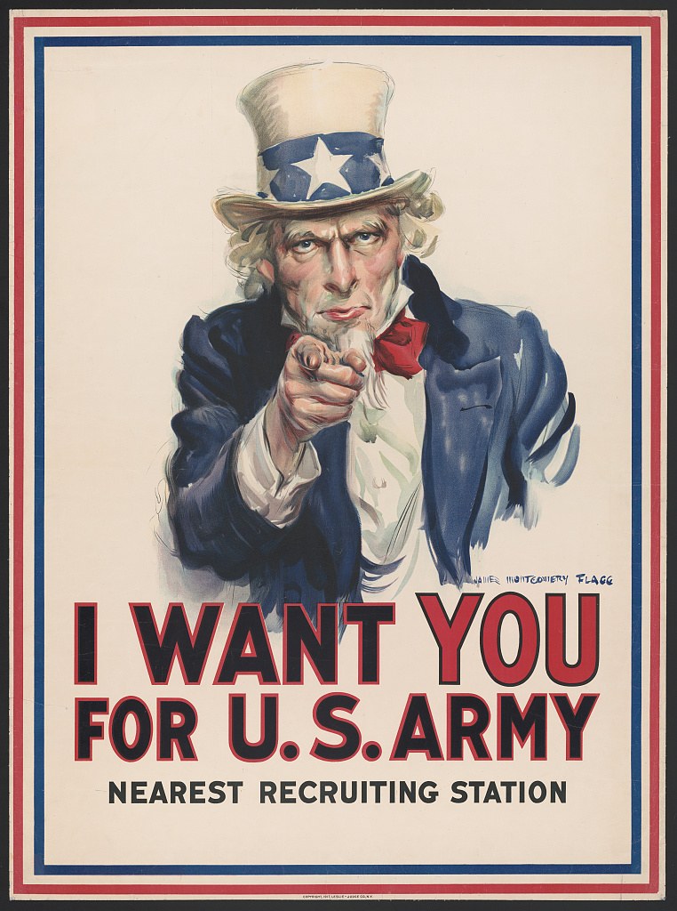 Tío Sam señala al espectador sobre el texto I WANT YOU FOR U.S. ARMY.